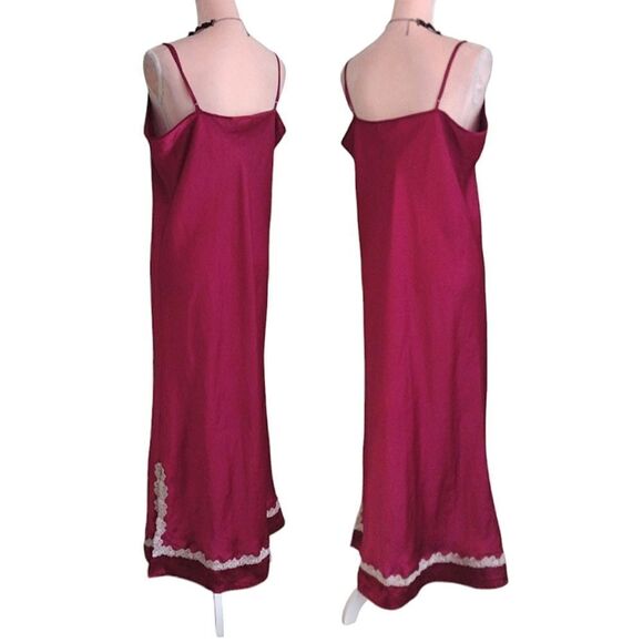 VTG 90s Red Satin White Lace Trim Long Slitted Lingerie Slip Dress Large - Picture 14 of 16